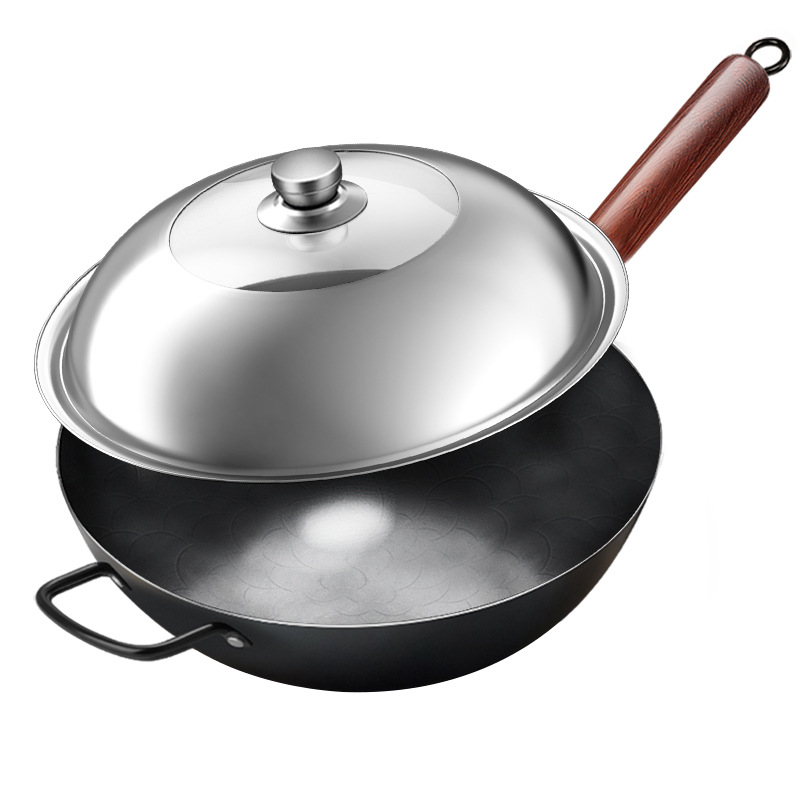 Olla de hierro de Zhangqiu, wok frito con patrón de martillo forjado a mano, sartén antiadherente sin recubrimiento, sartén de cocina universal