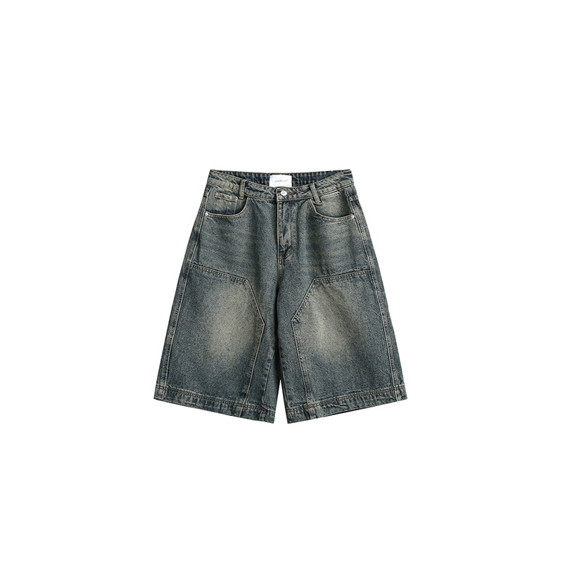 Camisas poco ropa pesada lavado con agua jeans cortos de moda masculinos retro lavado con agua nicho diseño de pantalones de piernas anchas