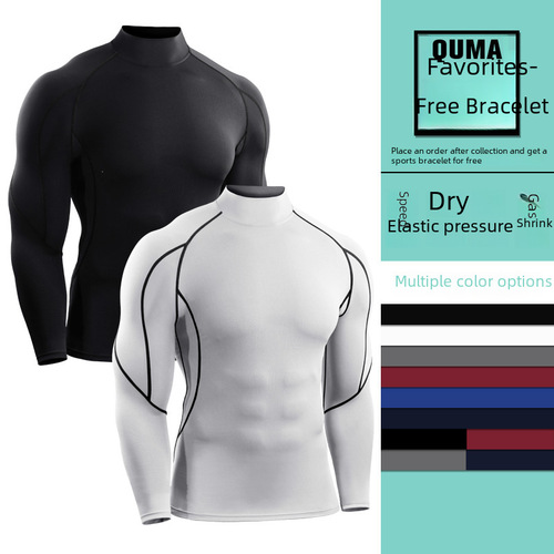 Autumn and Winter Men's High-Neck Tight Fit Long-Sleeve Elastic Quick-Dry Compression Basketball Fitness Top Running Training Base Layer Shirt