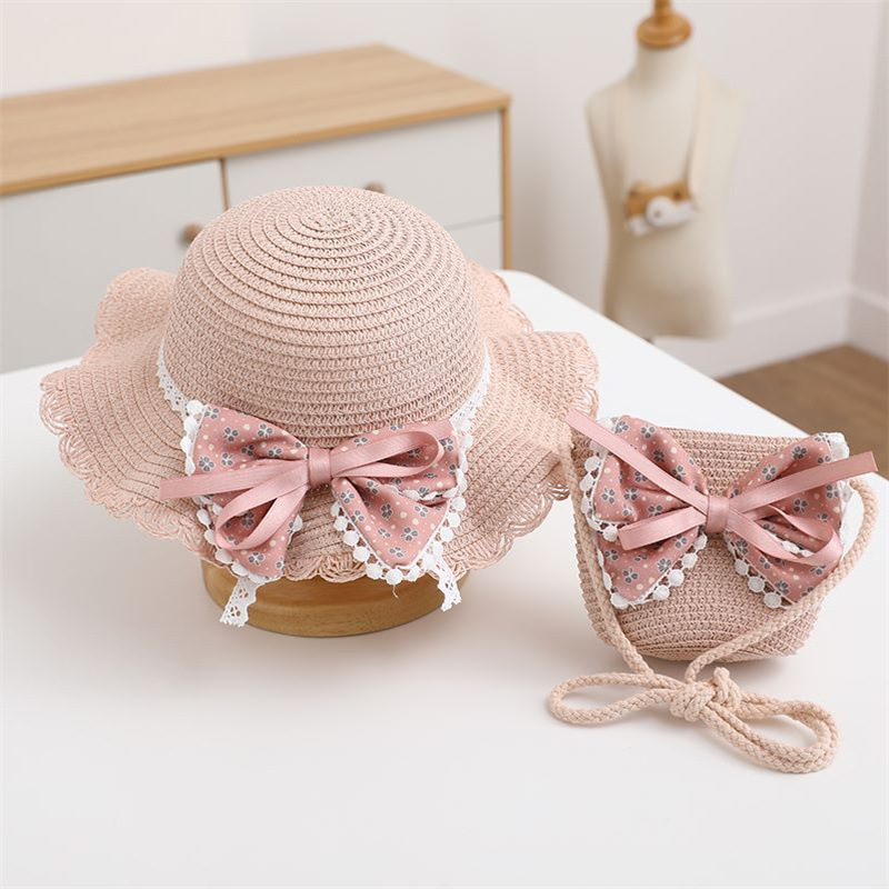 Dotted streamer bow wavy hat - pink