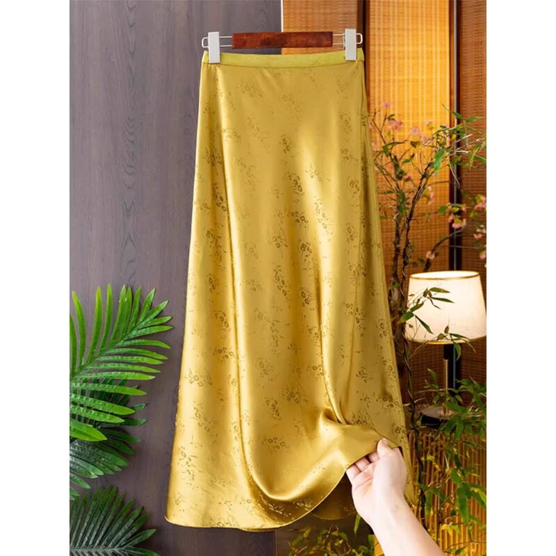 Imitation Acetate Satin Chinese Style Women's Elegant Elegant High Waist Slimming Look New Chinoiserie Jacquard A-Line Skirt Half-Length Skirt A4501
