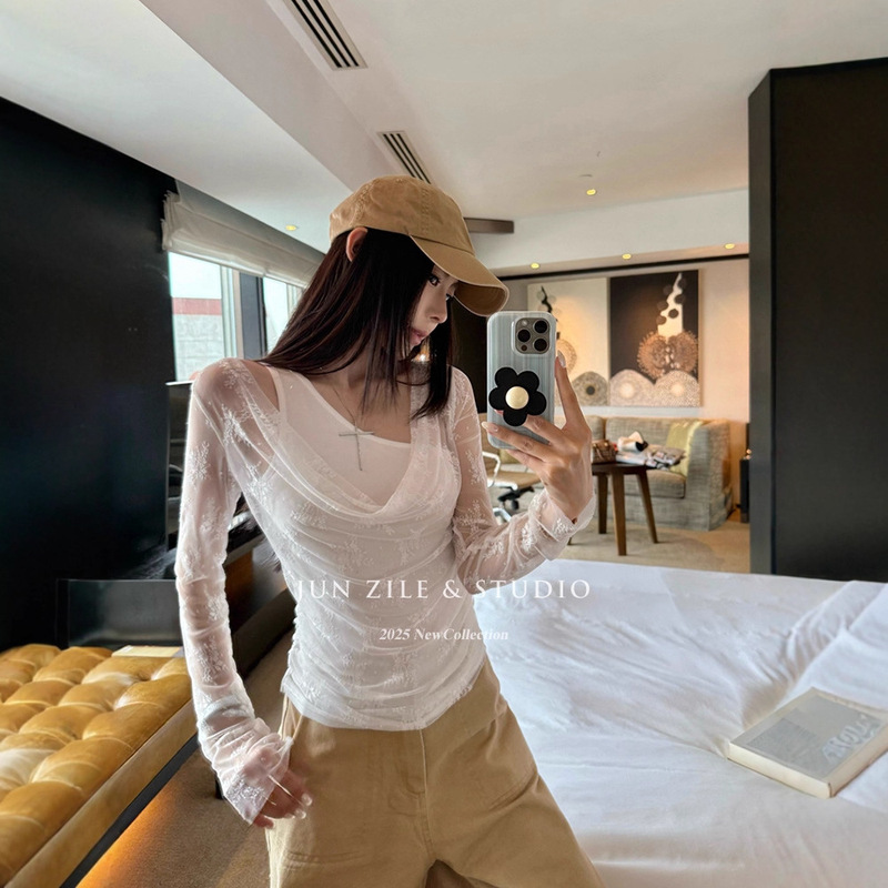 Fake Two-Piece Top with Lace Splicing and Layered Cut Out See-Through Swing Collar Asymmetrical Slim Long-Sleeved T-Shirt Women's Summer Wear