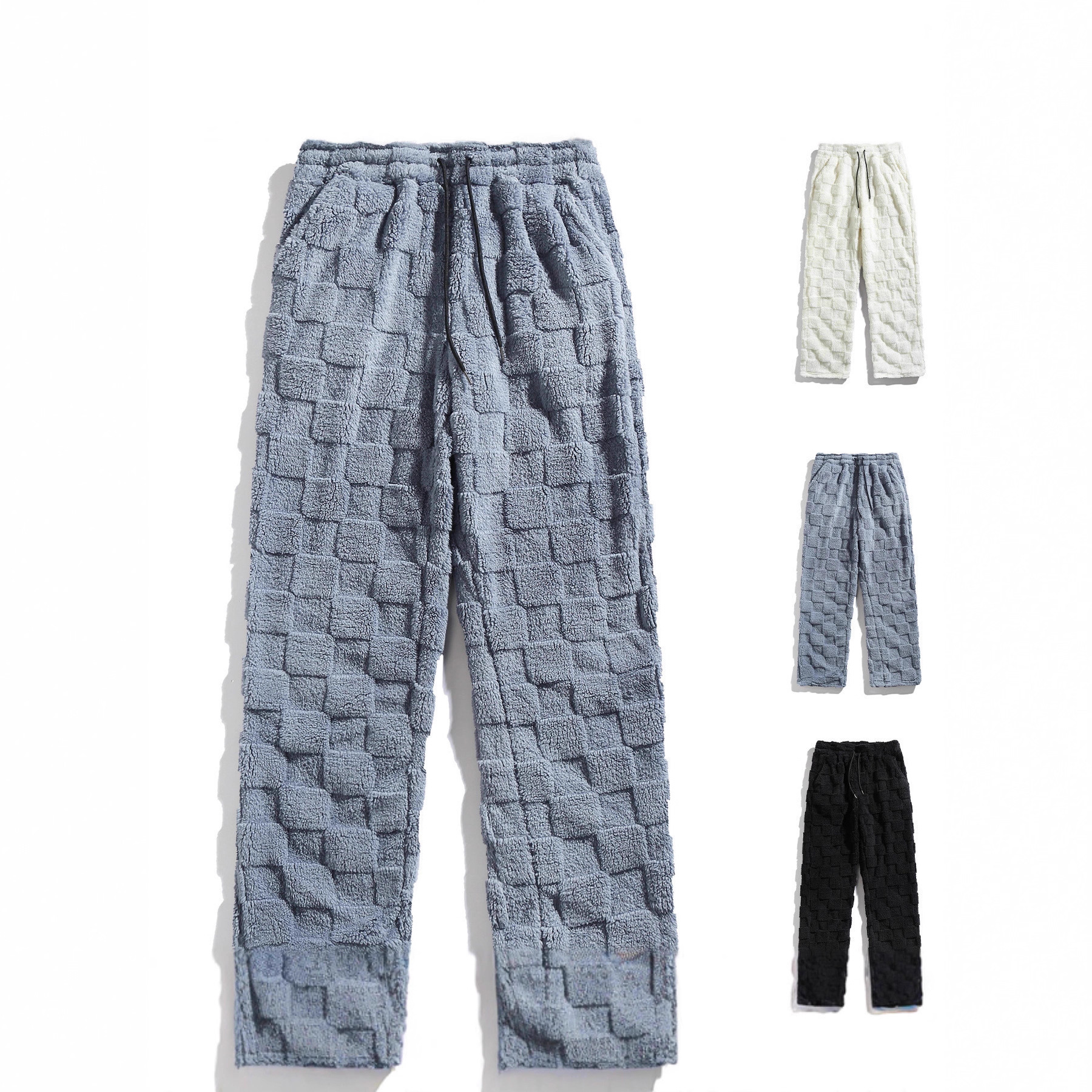 外贸新款直筒毛毛方格个性保暖运动休闲秋冬季外穿男装男长裤