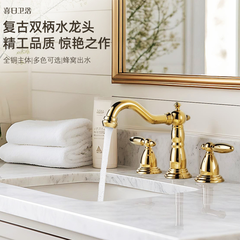 French Retro Three-Hole Faucet Bathroom Cabinet Basin All-Copper Hot and Cold Faucet Double Handle Split Gold Electroplated Faucet French Retro Three-Hole Faucet Bathroom Cabinet Basin All-Copper Hot and Cold Faucet Double Handle Split Gold Electroplated Faucet