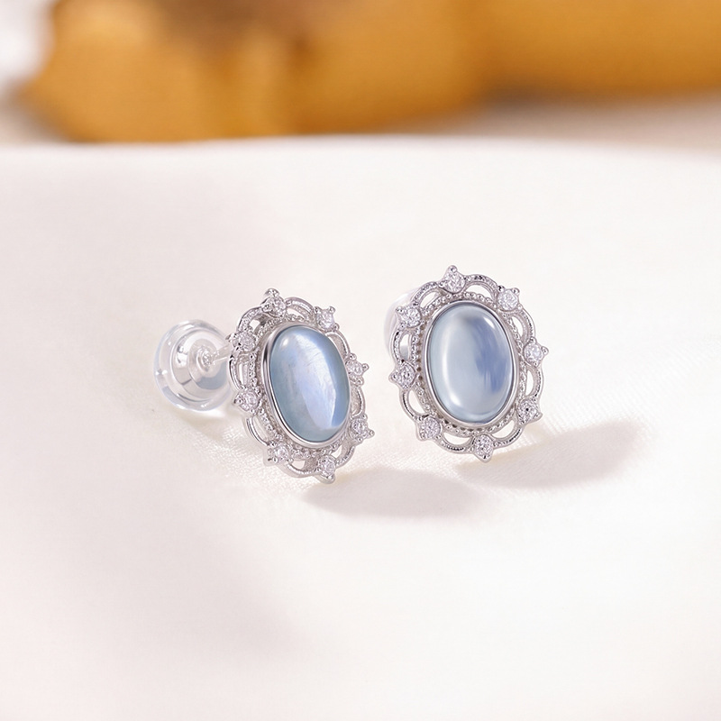 Khuyên tai bạc S925 đính đá xanh hình bầu dục phong cách đơn giản sang trọng — Cặp đôi