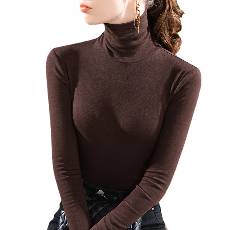 Camisa de fondo de cuello alto para mujer 2022 Otoño e Invierno Nueva Camiseta de manga larga de color sólido con forro polar cálido Cintura interior superior ajustada image 6