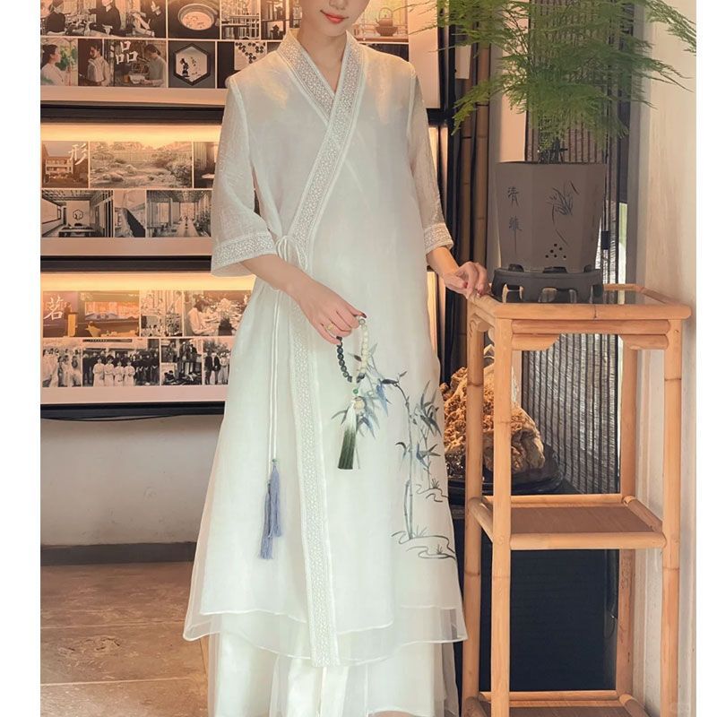 Spring 2025 Daily Fairy Zen Tea Clothing Chinese Hanfu Improved Cheongsam Little Man Tea Artist dress