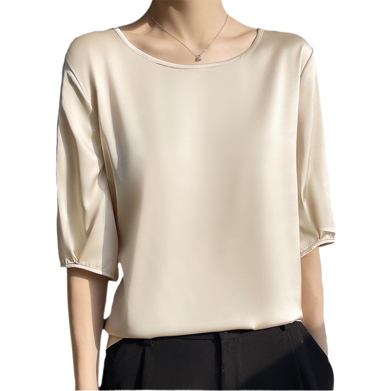 通気性シルクサテン 2025 春夏新作レディースラウンドネックルーズソリッドカラーアセテートサテン多用途 Tシャツトップ