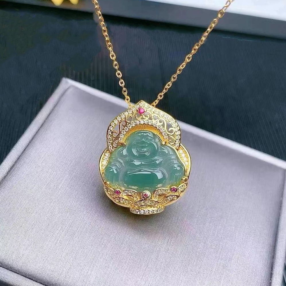 ZOU LIUXI 자연 옥 연꽃 거대한 부처 펜던트 구리 세트 새로운 중국 스타일 액세서리 GUOFENG MAITREYA 펜던트