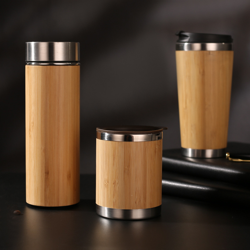 Taza de oficina de concha de bambú de nuevo estilo transfronterizo con manija Taza de vacío de acero inoxidable 304 de doble capa de gran capacidad al por mayor