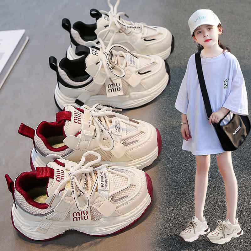 Girls' White Shoes 2025 Spring & Fall New Kidsren's Soft Sole Non-Slip Breathable Double Mesh Girls' Sports Dad Shoes Trendy