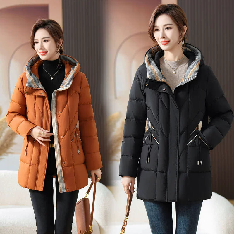 Модное зимнее пальто для мам, белая куртка на утином пуху, женская новая зимняя куртка средней длины с капюшоном в западном стиле, 2023, с хлопковой подкладкой