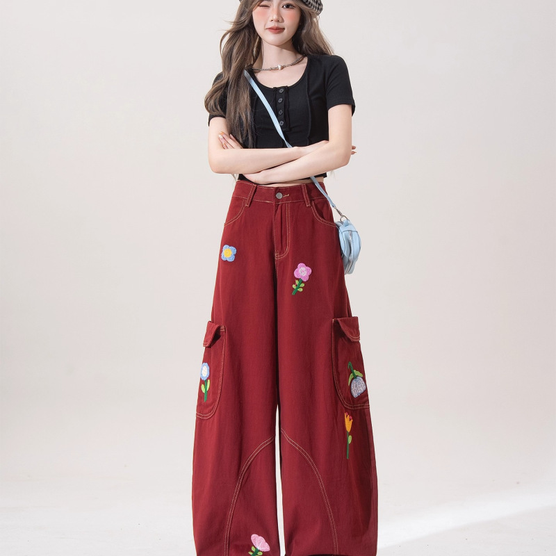 Burgundy American Retro Floral Embroidered Work Pants for Women, New Autumn Style, Loose Fit, Slimming Denim Wide-Leg Scimitar Pants