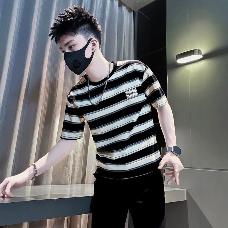 Summer Cool Short-Sleeve T-Shirt for Men, Striped Trendy Half-Sleeve Clothing, 2026 New Style, High-End and Super Stylish Men's Wear Summer Cool Short-Sleeve T-Shirt for Men, Striped Trendy Half-Sleeve Clothing, 2026 New Style, High-End and Super Stylish Men's Wear