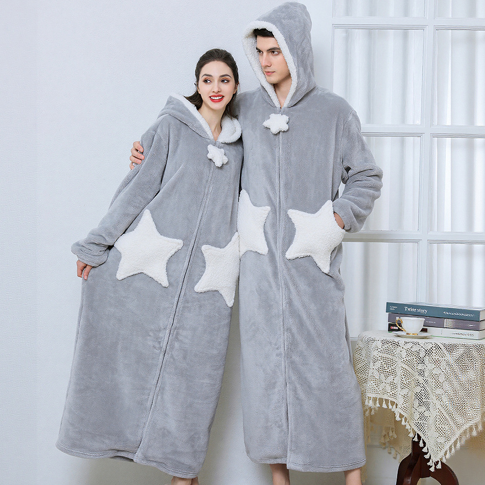 Camisón para parejas de talla grande, camisón con estampado de estrellas, ropa de dormir de forro polar coral grueso, estilo largo de franela para otoño e invierno, venta al por mayor transfronteriza. image 5