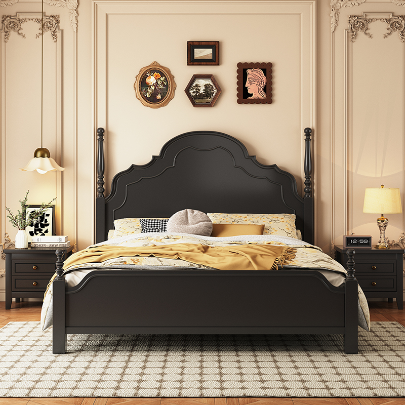 Retro Style American Solid Wood Double Bed 1.5m1.8m Mid-Century Style French Bed Accessible Luxury Wedding Bed Master Bedroom Bed Anna Bed