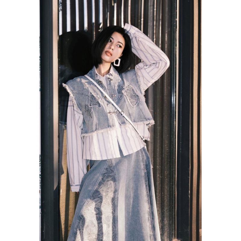 时尚汉元素套装女秋冬国风盘扣牛仔马甲衬衫半身裙子新中式三件套|undefined
