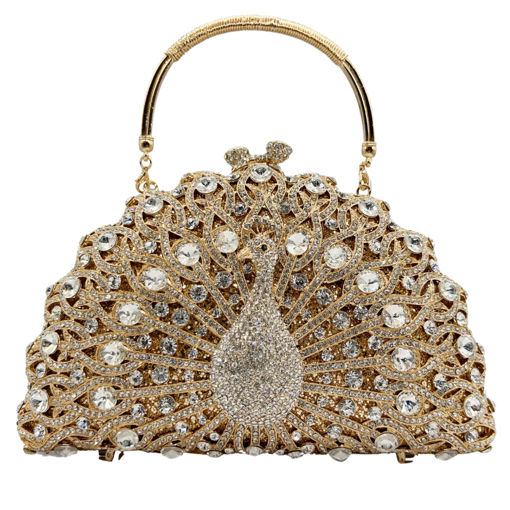 Túi clutch nữ đính đá hình con công rỗng dạ hội — Đen xanh lục, Xanh vàng, Nền vàng kim cương trắng, Vàng hồng chi tiết 8