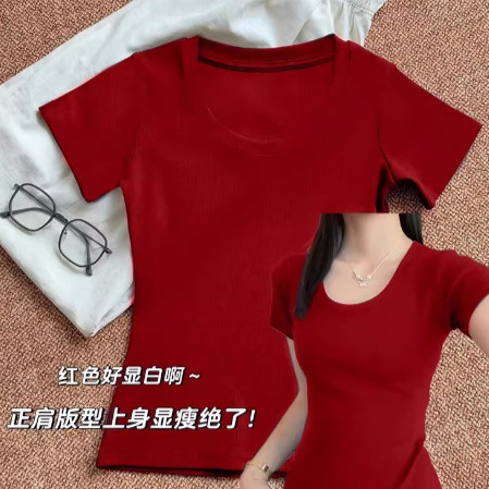 Red Straight-Shoulder Women's T-Shirt 2026 Summer New Short-Sleeve Slim-Fit Hot Girl Bm Style Cinched Waist Slimming Crop Top