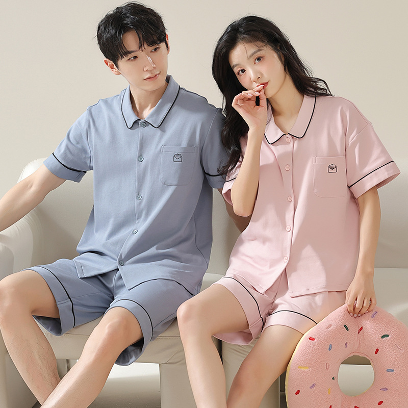 Pijamas de pareja de algodón 100% de alta gama Cárdigan de manga corta de primavera y verano Dulce servicio a domicilio Traje casual de algodón para hombres