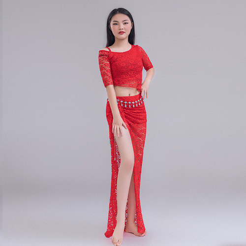 New autumn belly dance practice clothes plus size sexy slimming lace oriental dance performance clothes off-the-shoulder open skirt