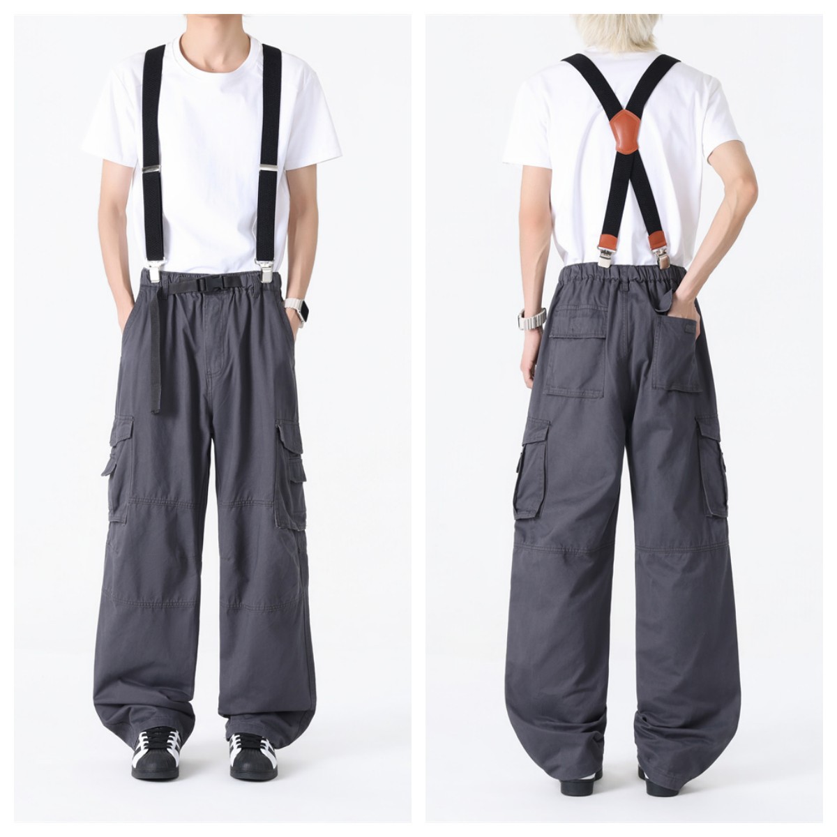 Pantalones multibolsillos de primavera y otoño para hombres gordo mono de rayón gordo casual más tamaño pierna ancha cintura elástica pantalones largos sueltos