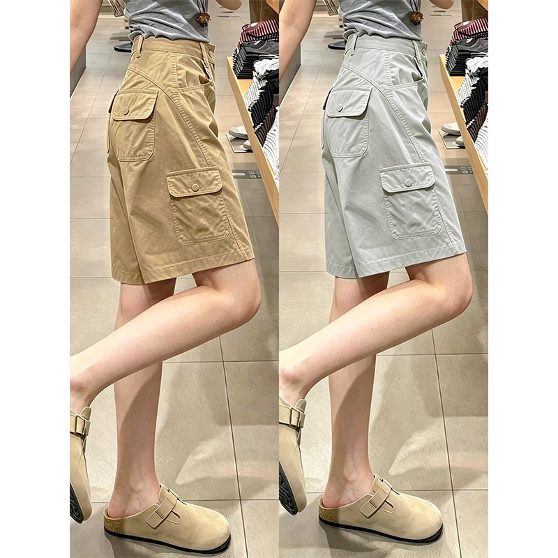 American-Style Work Shorts for Women, Summer 2026 New High-Waisted Wide-Leg Straight-Cut Petite Multi-Pocket Sports Shorts