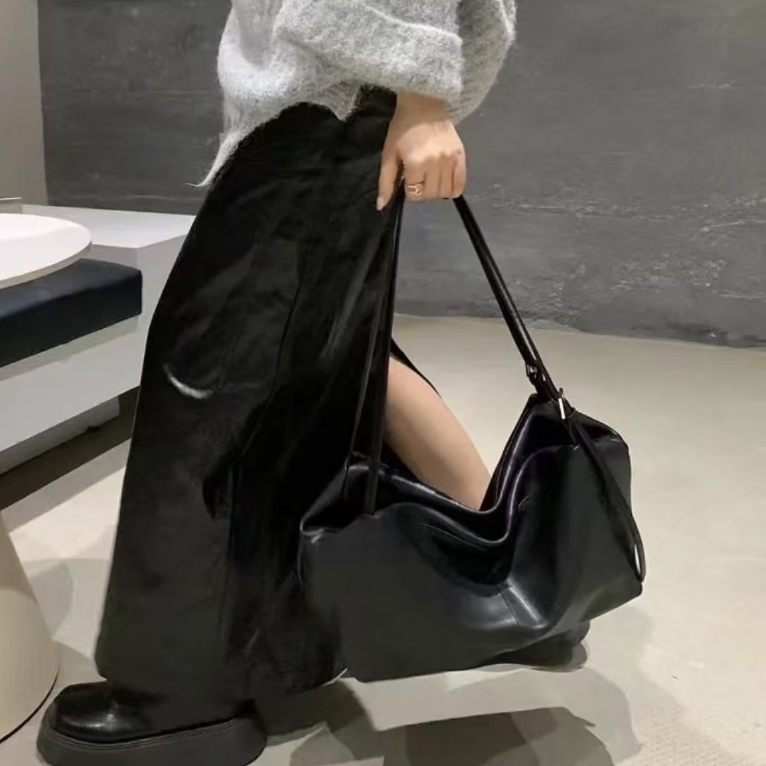 Korean Style New Top Grain Vegetable Tanned Leather Tote Bag For Women, Large Capacity Commuter Underarm Shoulder Bag, Boston Bag - Thumbnail 4
