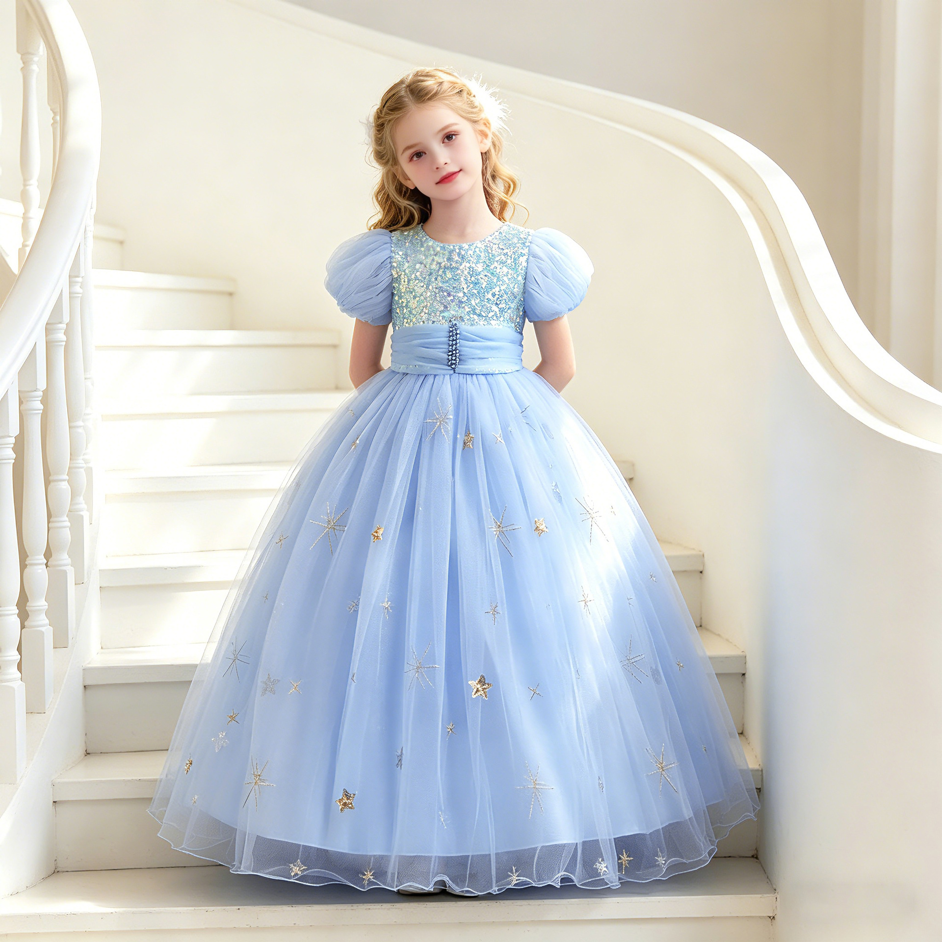 Púrpura niñas Vestido largo de los niños del piano pasarela rendimiento ropa niña manga corta princesa pettiskirt al por mayor 630
