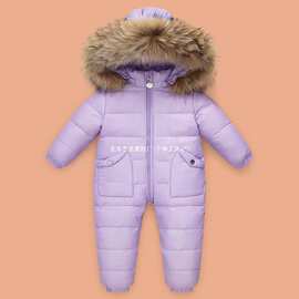 宝宝连体羽绒服男童女童1-6岁外出大毛领婴儿加厚羽绒连体衣冬款