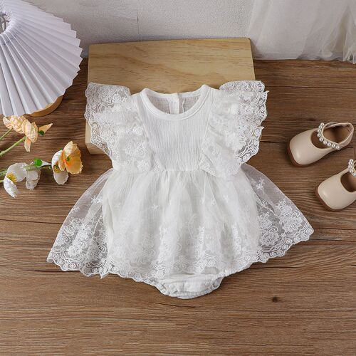 Baby Girl Summer Clothes Baby Lace Short Sleeve Fly Sleeve Bodysuit Princess Net Dress