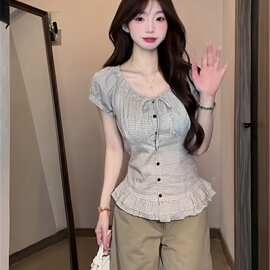 大码胖韩系两穿一字肩格子花边短袖衬衫女夏季别致掐腰显瘦上衣