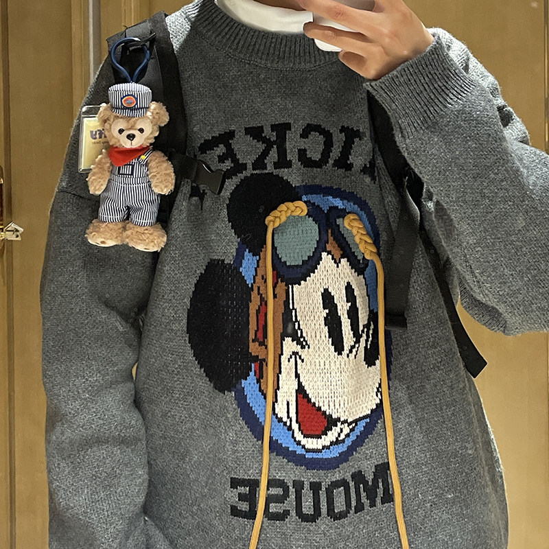 卡通人物飞行员可爱学生套头毛衣女冬宽松软妹外穿毛线衣