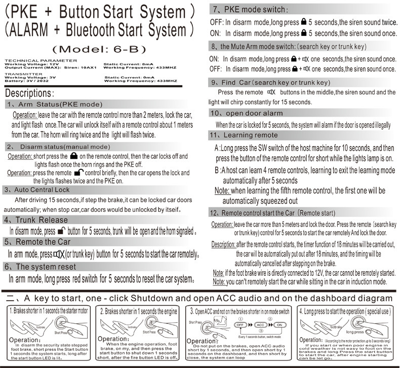 6B Export Type: Pke Smart + One-Button Start + Remote Start + Mobile App Control + Car Alarm System