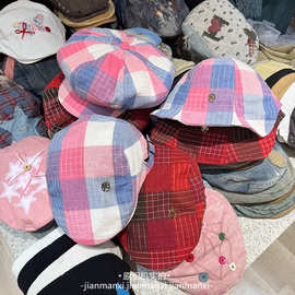 多巴胺彩色格子前进帽子女可爱复古报童帽春秋百搭显脸小鸭嘴帽子