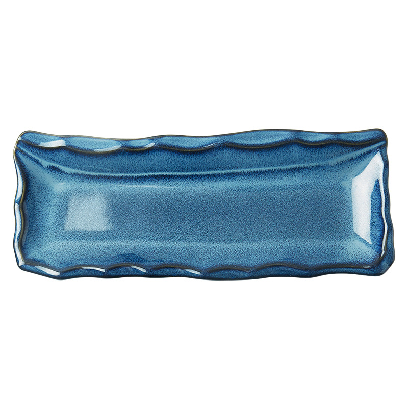 Placa de cerámica del hogar de estilo japonés horno azul esmalte sushi Placa de pescado placa mayoristas vajilla de cerámica placa larga