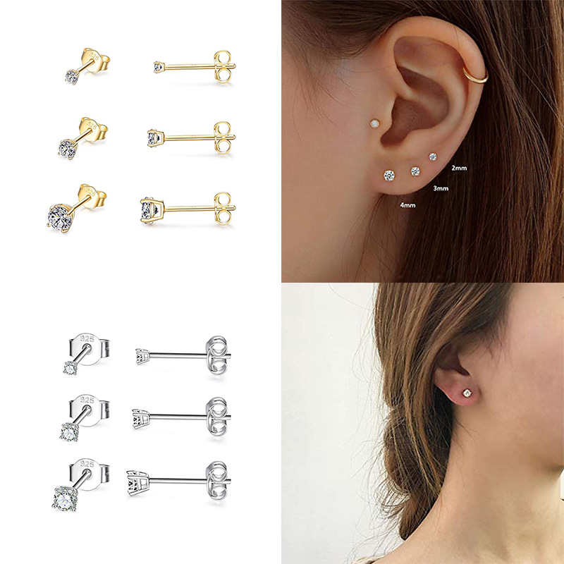 S925 plata esterlina europea y americana moda ins personalizado diamante Stud pendientes 3 sets de diamantes incrustados mini compromiso pendientes del todo partido