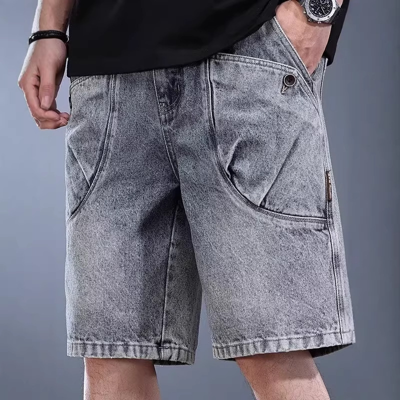 Men's Washed Denim Cargo Shorts - Summer Loose Fit American Streetwear Retro Five-Point Shorts_voghion.com