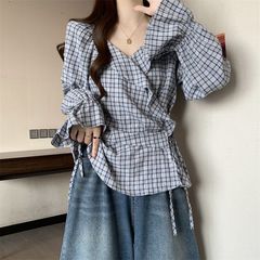 韩版简约通勤格子衬衫宽松长袖系带圆领青年新款遮肚子上衣