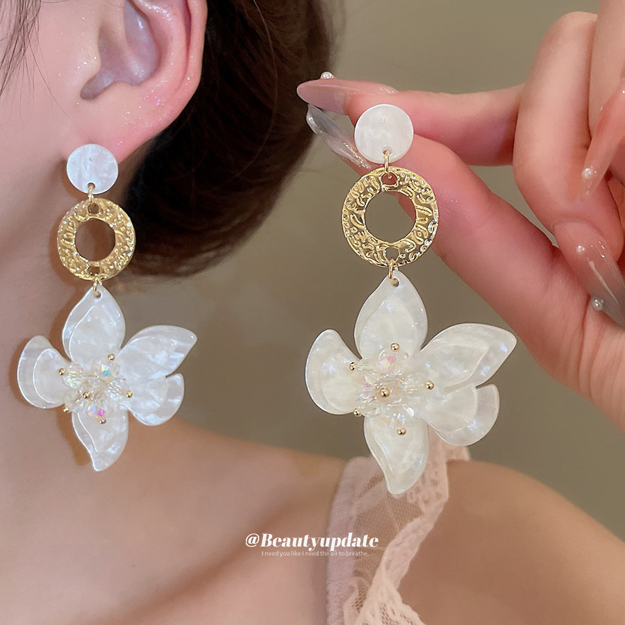 Pendientes de borla de flor de vidrio de resina de aguja de plata Pendientes de lujo ligero y dulce de alta gama Pendientes de nicho de moda mujer