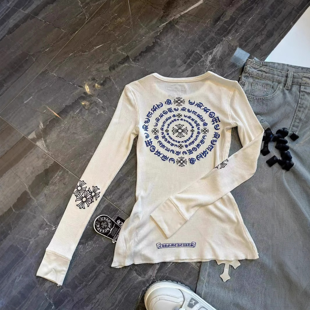 [와플] 핫 걸 스타일 크로스 프린트 크루 넥 긴소매 티셔츠 여성 슬림 다재다능베이스 셔츠