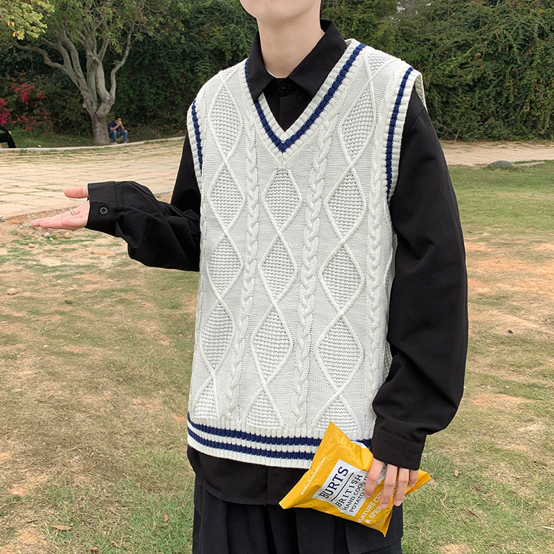 学院风V领毛衣男生宽松休闲针织背心韩版潮流秋装毛线衣马甲外套