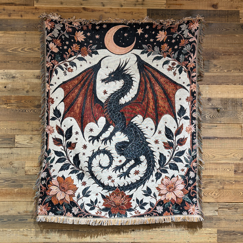 Copridivano in tessuto con nappa di drago in stile medievale Qin Che, coperta funzionale in jacquard da campeggio_voghion.com