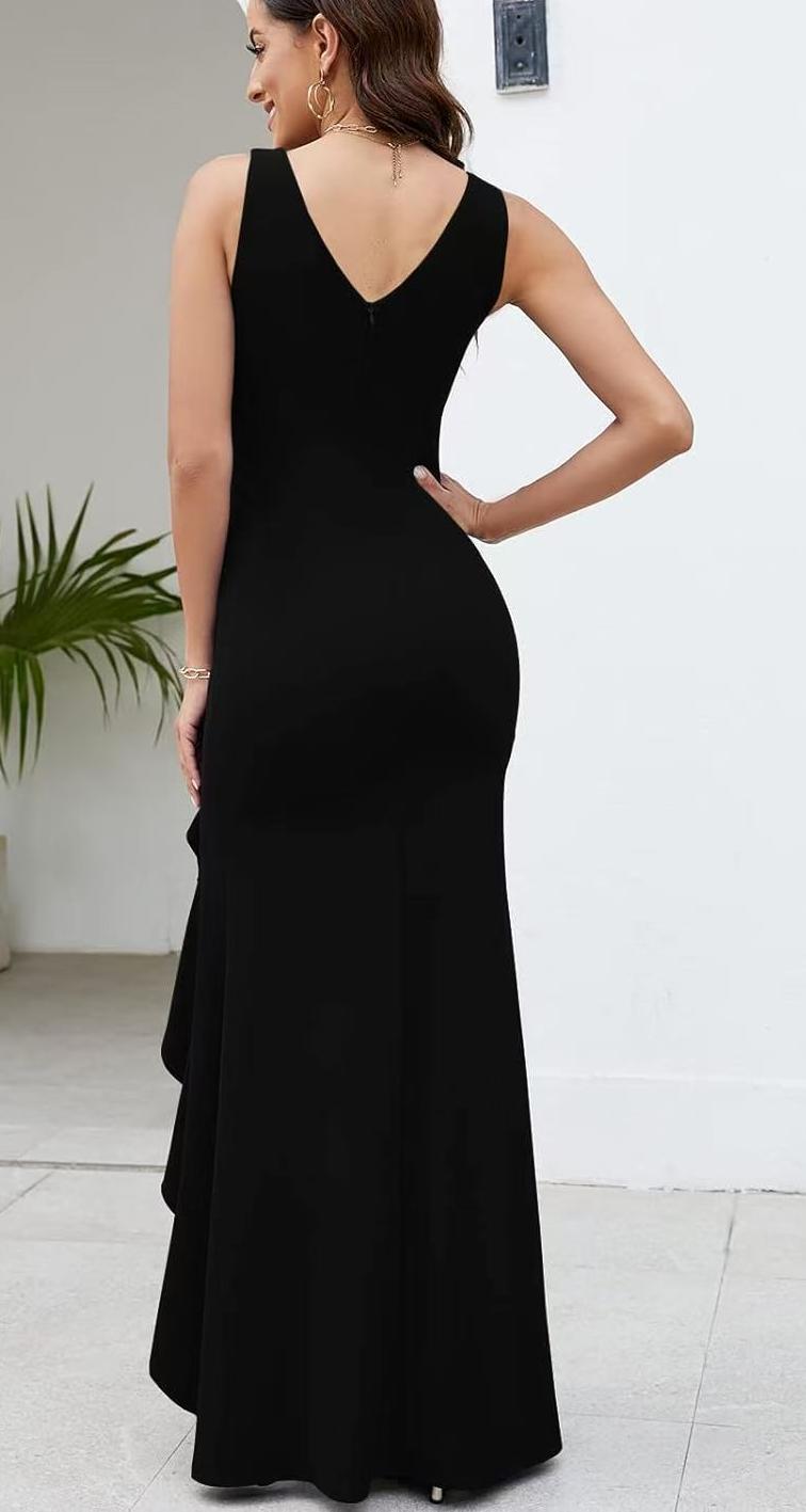 V neck Sleeveless Slim Fit Elegant Ruffled Split Long Evening Dress