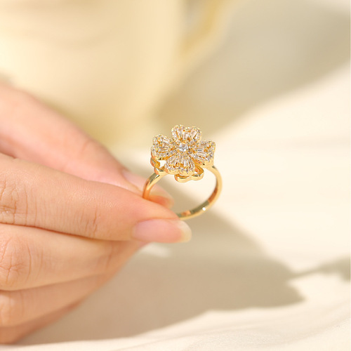 Ring for Women, Redress Influencer Lucky Grass Korean Version, Elegant Diamond-Studded, Rotatable, Fashionable, Index Finger Ring, Openable, Adjustable