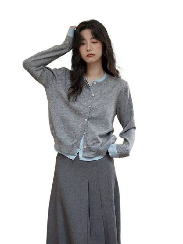 针织衫女秋冬2025新款气质设计感撞色拼接假两件宽松长袖开衫外套|undefined