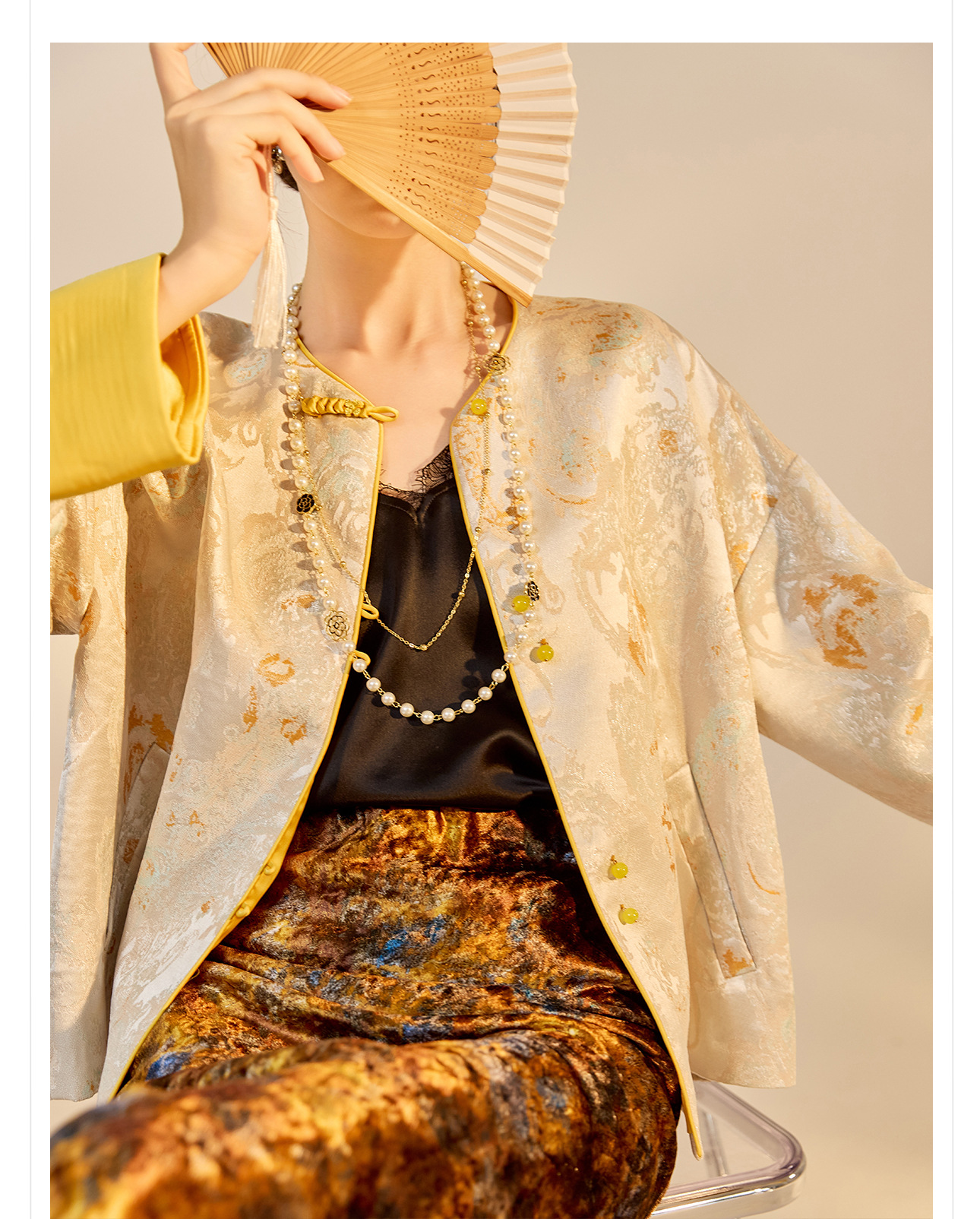 Áo khoác nữ kiểu Trung Hoa mới, chất liệu jacquard họa tiết nổi, phối khuy cài, form suông thu đông N9025 — Miju [phiên bản cotton], Hồng nhạt [phiên bản cotton], hồng nhạt, cơm cam chi tiết 4