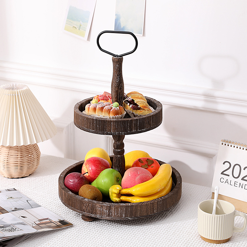 Cruzar la frontera de madera retro de múltiples capas merienda soporte plato de fruta pastel de frutas secas de múltiples capas bandeja de hogar soporte de postre soporte de exhibición