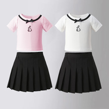 【清仓】夏日清凉套装 女童纯色短裙百褶裙 甜美风休闲女生黑色裙