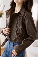 2025春秋今年流行短款小皮衣咖色翻领机车服外套设计感pu皮夹克女